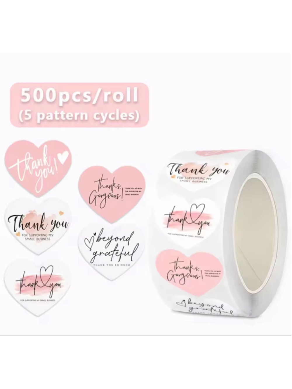 500 pcs Pink & White Heart Thank You Stickers